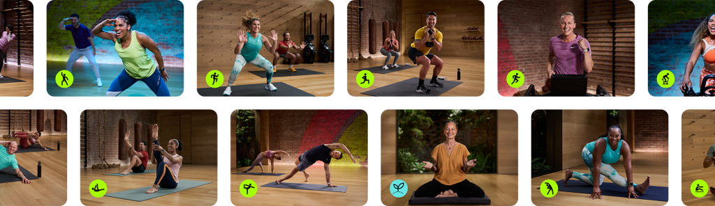 Two rows of inline tiles showing Fitness+ workouts with icons for the various workout types
