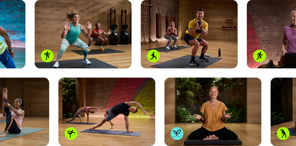Two rows of inline tiles showing Fitness+ workouts with icons for the various workout types